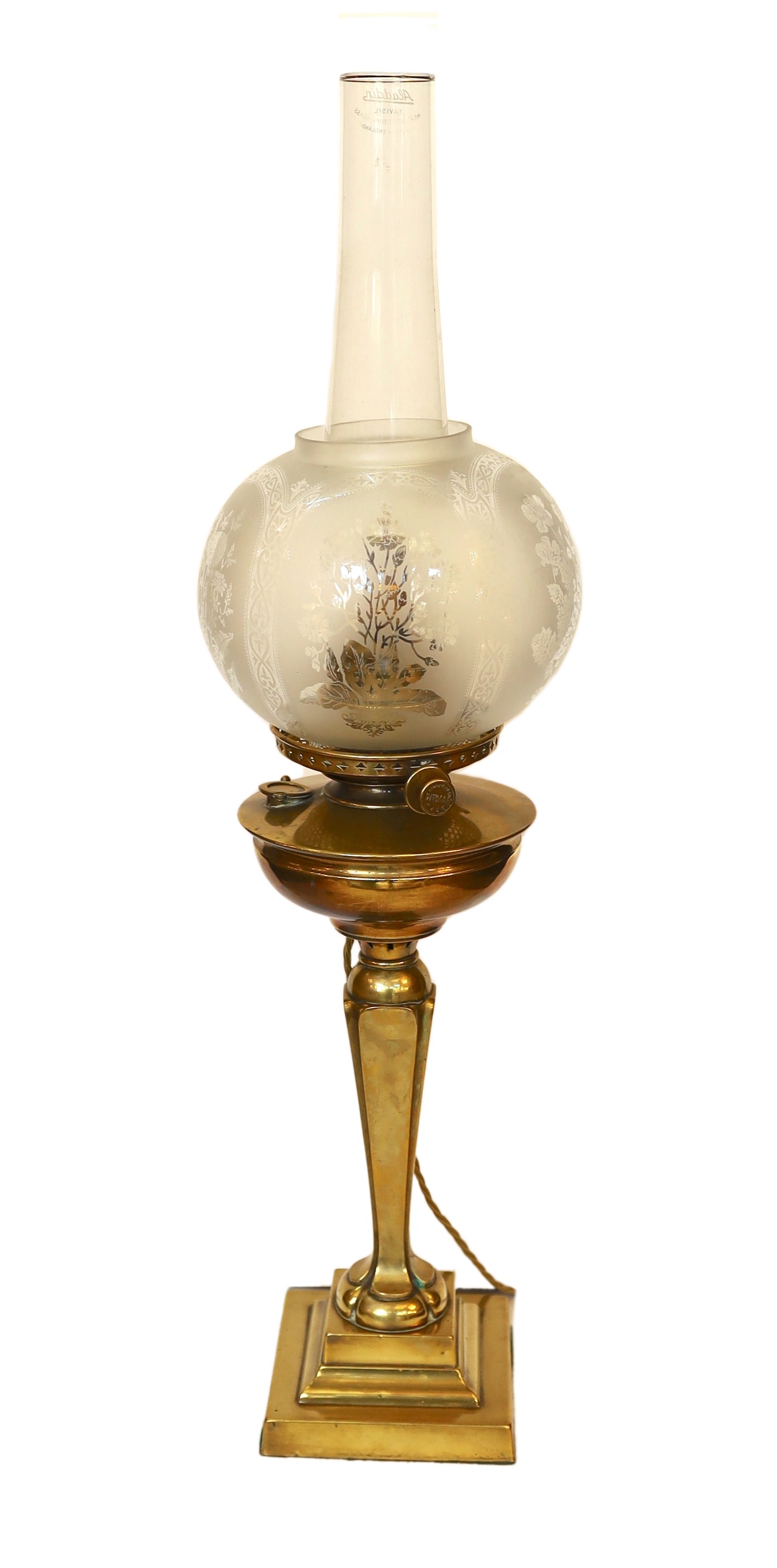 A late 19 century Austrian brass oil lamp with Ditmar mechanism and etched glass shade, converted to electricity, height overall 78cm